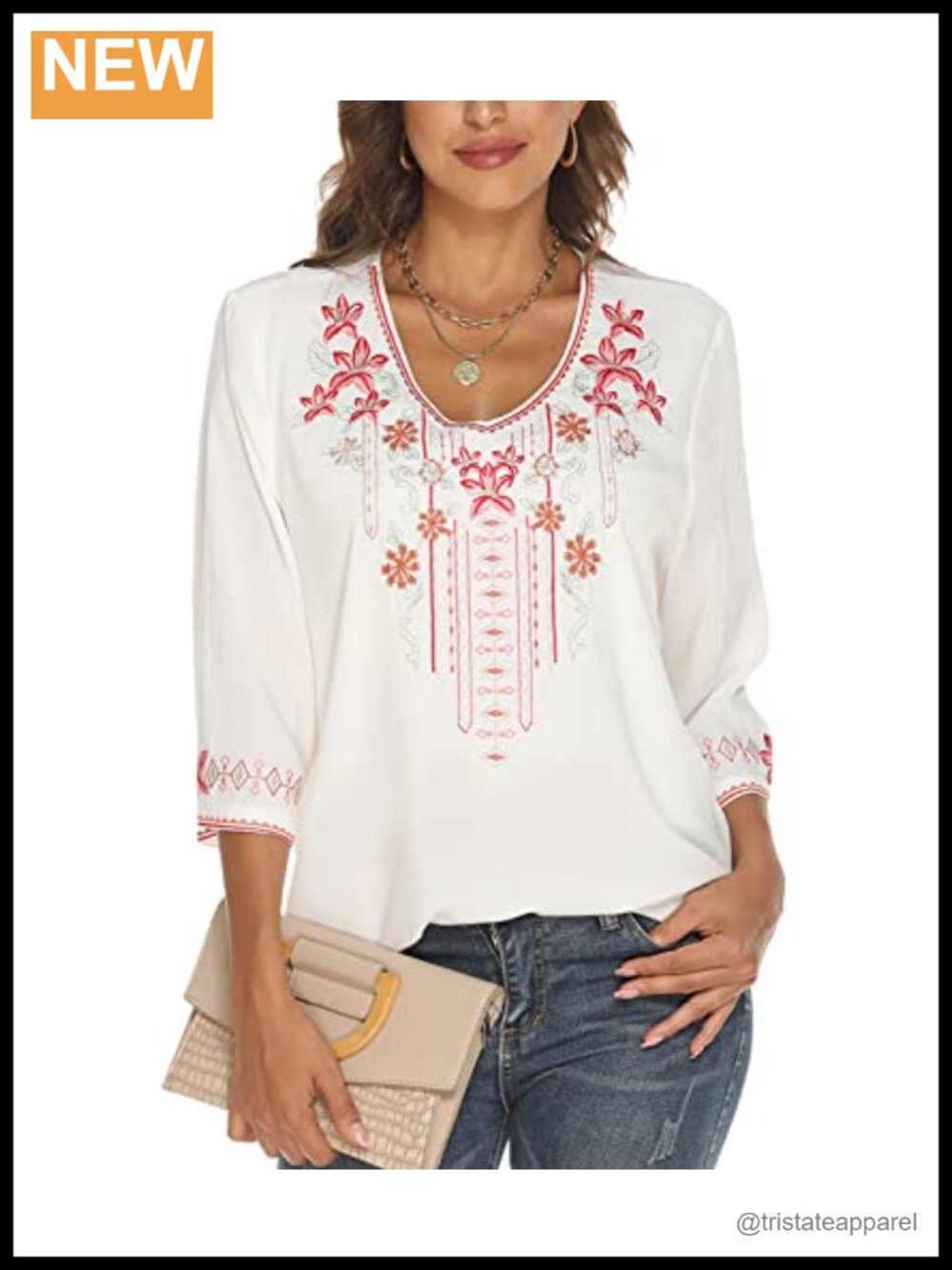 Higustar Women's Mexican Embroidered Tunic Top Boho Peasant 3/4 Sleeve Fiesta